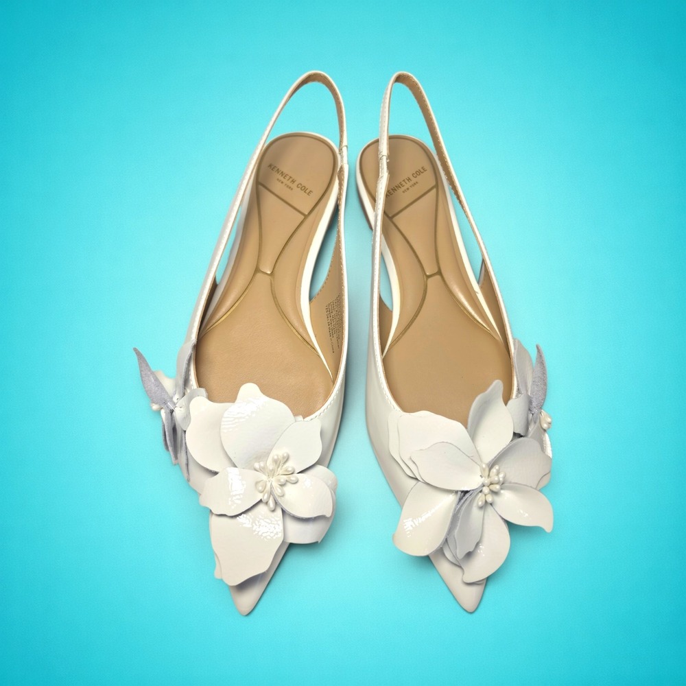 Women's Kenneth Cole NY Stunning Tayla White Patent Floral Slingback Flats, 6.5